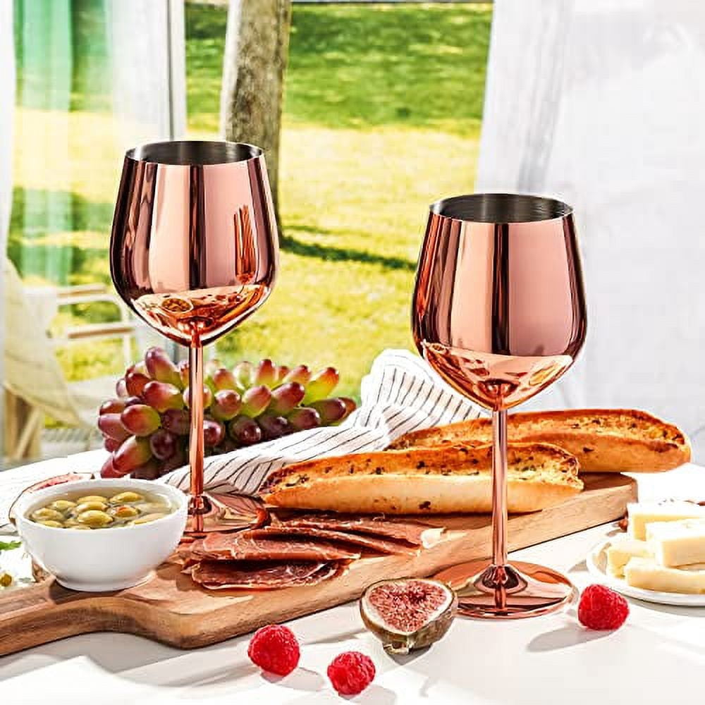 WOTOR Rose Gold Wine Glasses Set of 4, 18oz Copper Wine Glasses, Stainless Steel Wine Glasses, Unbreakable & Portable Stemmed Metal Wine Glass for Outdoor, Travel, Camping, Ideal Wine Accessories Gift