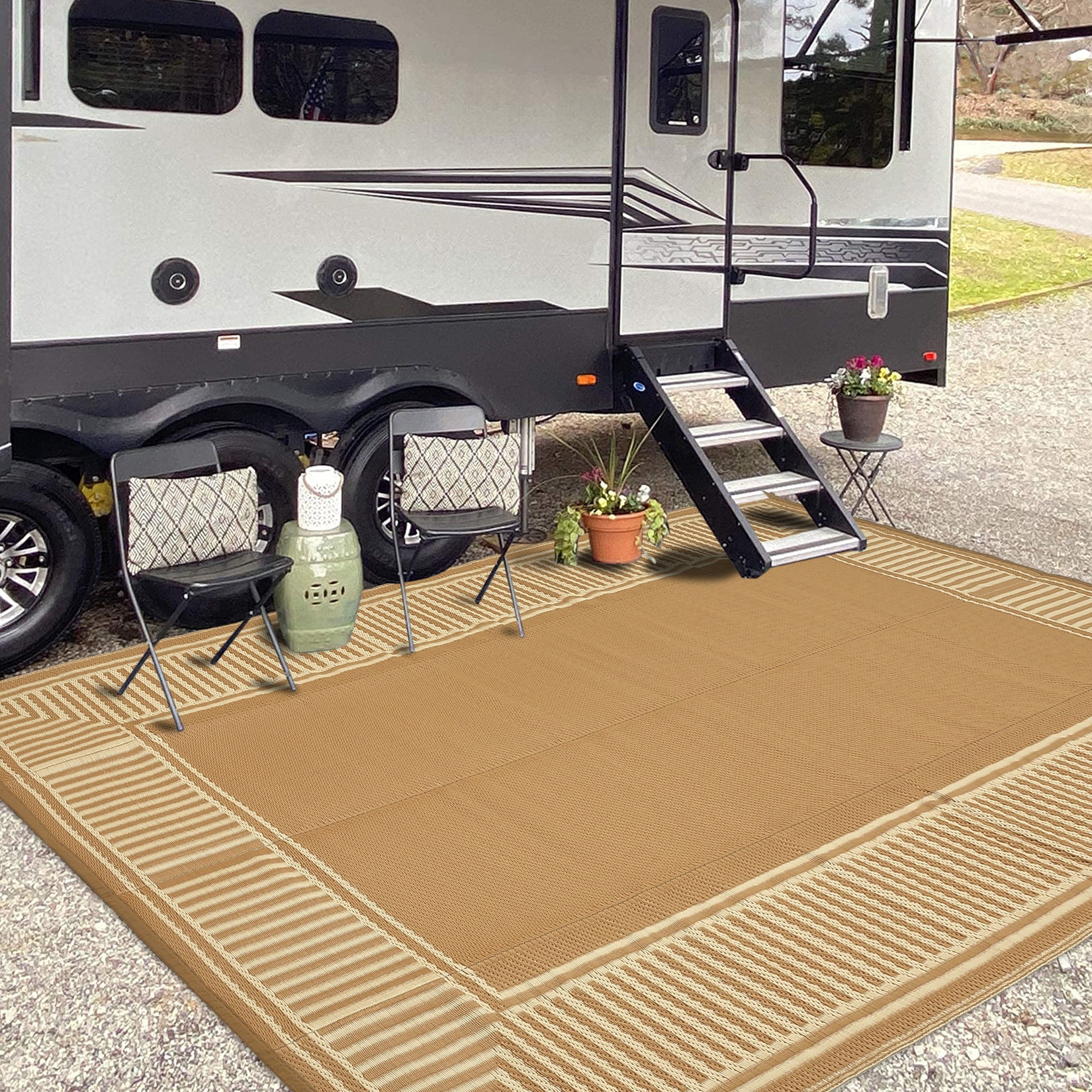 Garvee 8'x10' Outdoor Rug Waterproof Plastic Straw Rug, Modern Bordered Outdoor Carpet UV-Resistant Reversible Mat for Patio RV Deck Beach Porch, Coffee