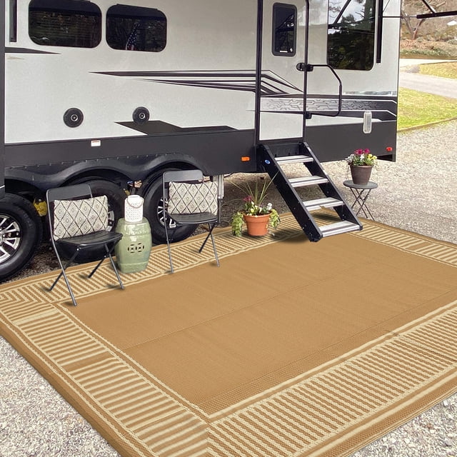 Outdoor Area Rug – striped Bordered Plastic Woven – Easy Clean & UV Resistant – Patio, Backyard & Camping