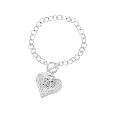 Cut Toggle Charm - Silver Tone Chain Link Love Heart Charm Bracelet Toggle Clasp 8