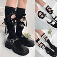 thumbnail image 2 of Japanese Women Girls Ribbed Calf Socks Harajuku Lolita Hollow Out Hole Ruffled Patchwork Lace-Up Bowknot Student Cotton Mid Tube Stockings, 2 of 21