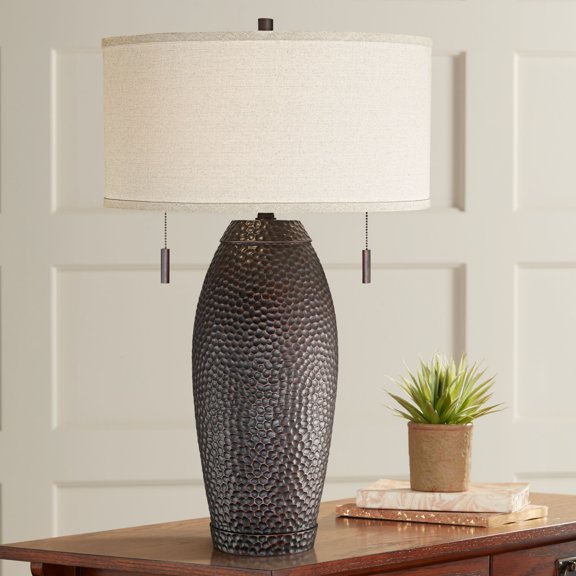 Franklin Iron Works Rustic Farmhouse Vintage Table Lamp with USB Charging Port 31" Tall Bronze Drum Shade Living Room Bedroom House Bedside