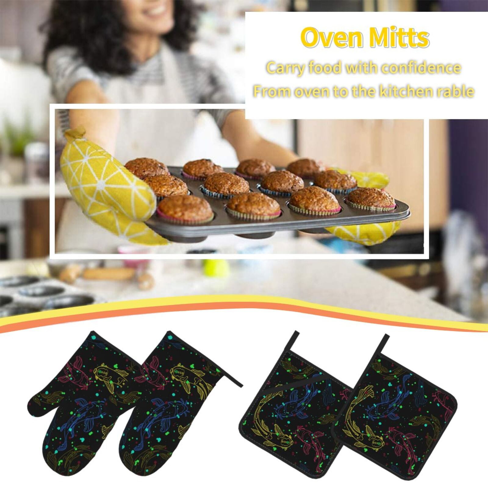 Line Art Fish Silhouettes Japanese 4Pcs Oven Mitts and Pot Holders Sets Oven Kitchen Gloves Hot Pads for Cooking BBQ Baking Grilling