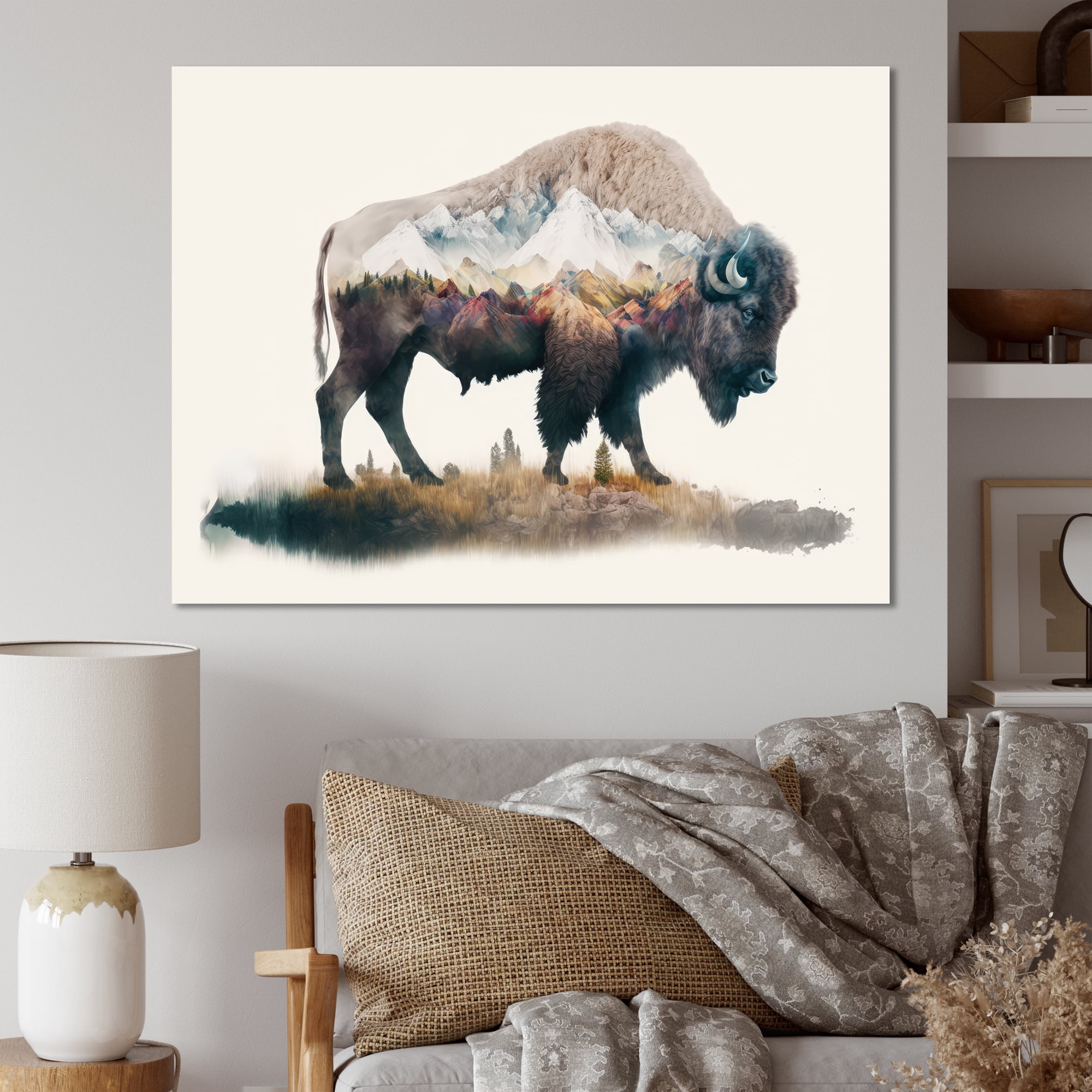 Designart Double Exposure Of A Bison With Nevada Landscape III Canvas Wall Art