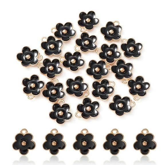 20 pc Light Gold Plated Alloy Enamel Pendants Flower Charm Black 13x11.5x3mm Hole: 1.6mm
