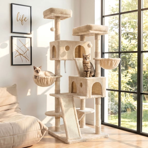 Merrland 65.7 " Large Cat Tree Tower Condo for Cats with 2 Scratching Ramps, Hammock & Scratching Posts, Beige