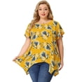 thumbnail image 4 of Women's Plus Size Blouses Flare Sleeve Round Neck Asymmetric Floral Tops Yellow 4X, 4 of 6
