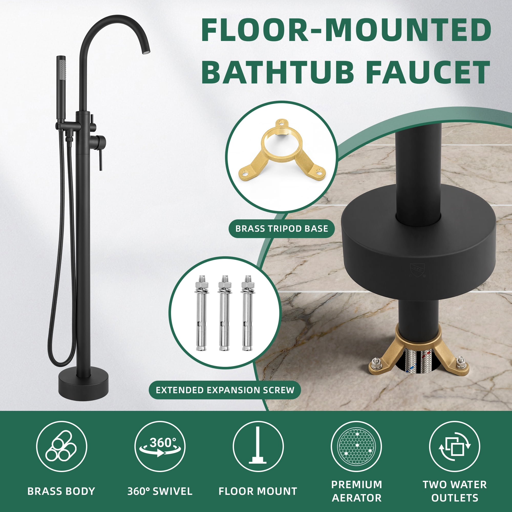 Free Standing Tub Faucet, High Flow Freestanding Bathtub Faucet with Handheld Shower & Gooseneck Spout, 360°Swivel Tub Filler, Brass Body, Matte Black