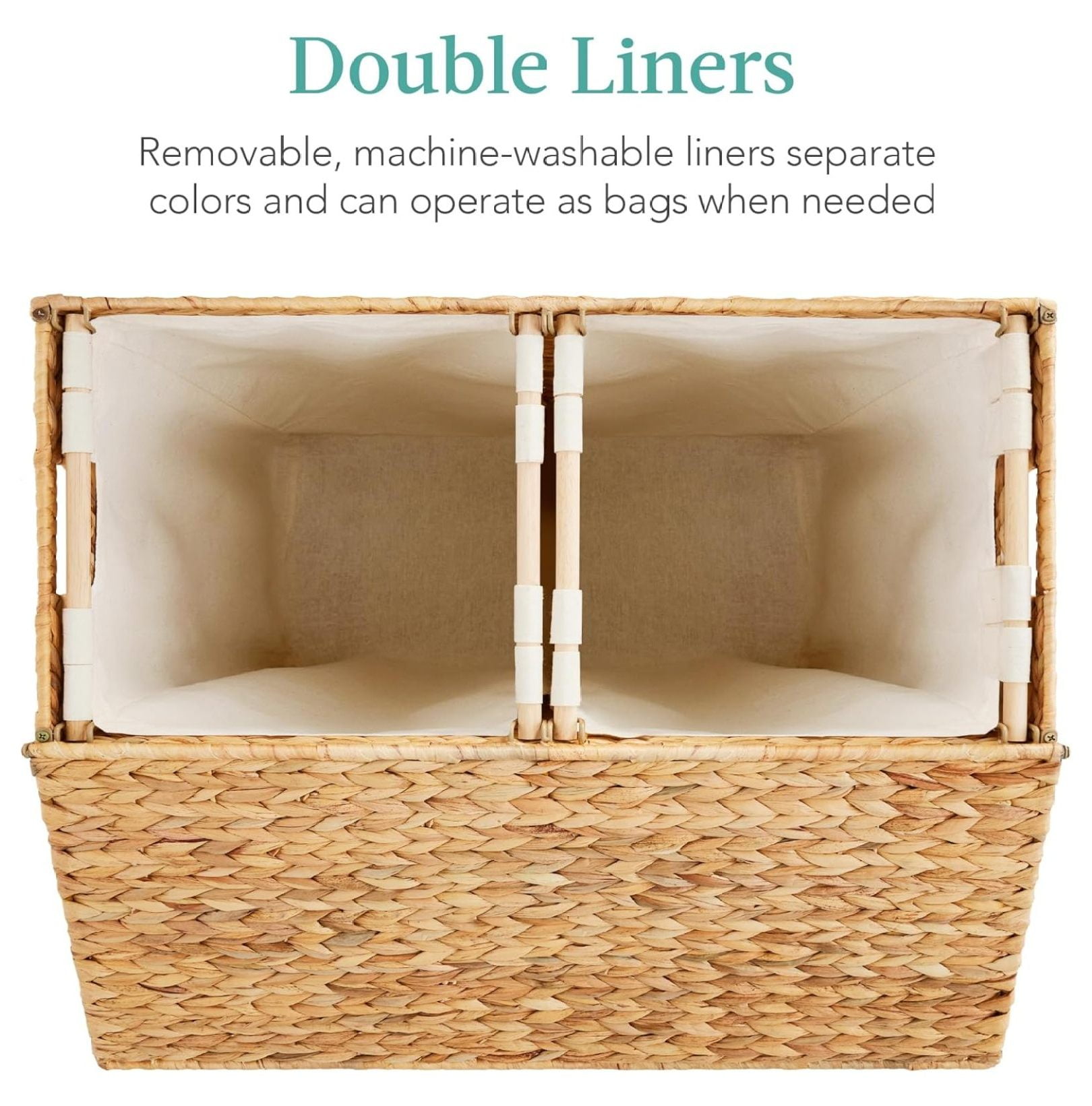 Handwoven Natural Water Hyacinth Laundry Hamper With 2 Liner Bags & Lid - Ventilated Boho Storage Basket