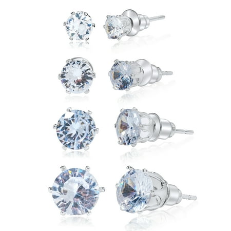 JeenMata 4-7 mm Four Pairs Round Cut Solitaire Stud Earrings Assorted Size Set - Value Pack Earrings for Women