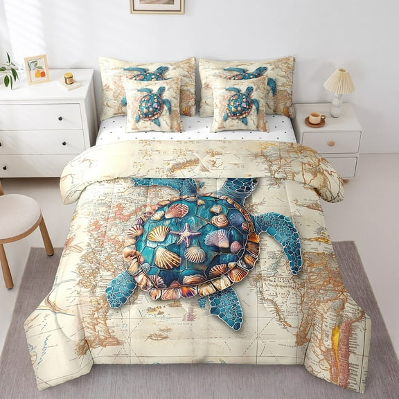 Erosebridal Sea Turtle Bedding Sets Twin Size,Sealife Animal Comforter Sets with Sheets,Ocean Nautical Bed in a Bag Twin size,Lightweight Marine Bedroom Decorative,Reversible,7pcs