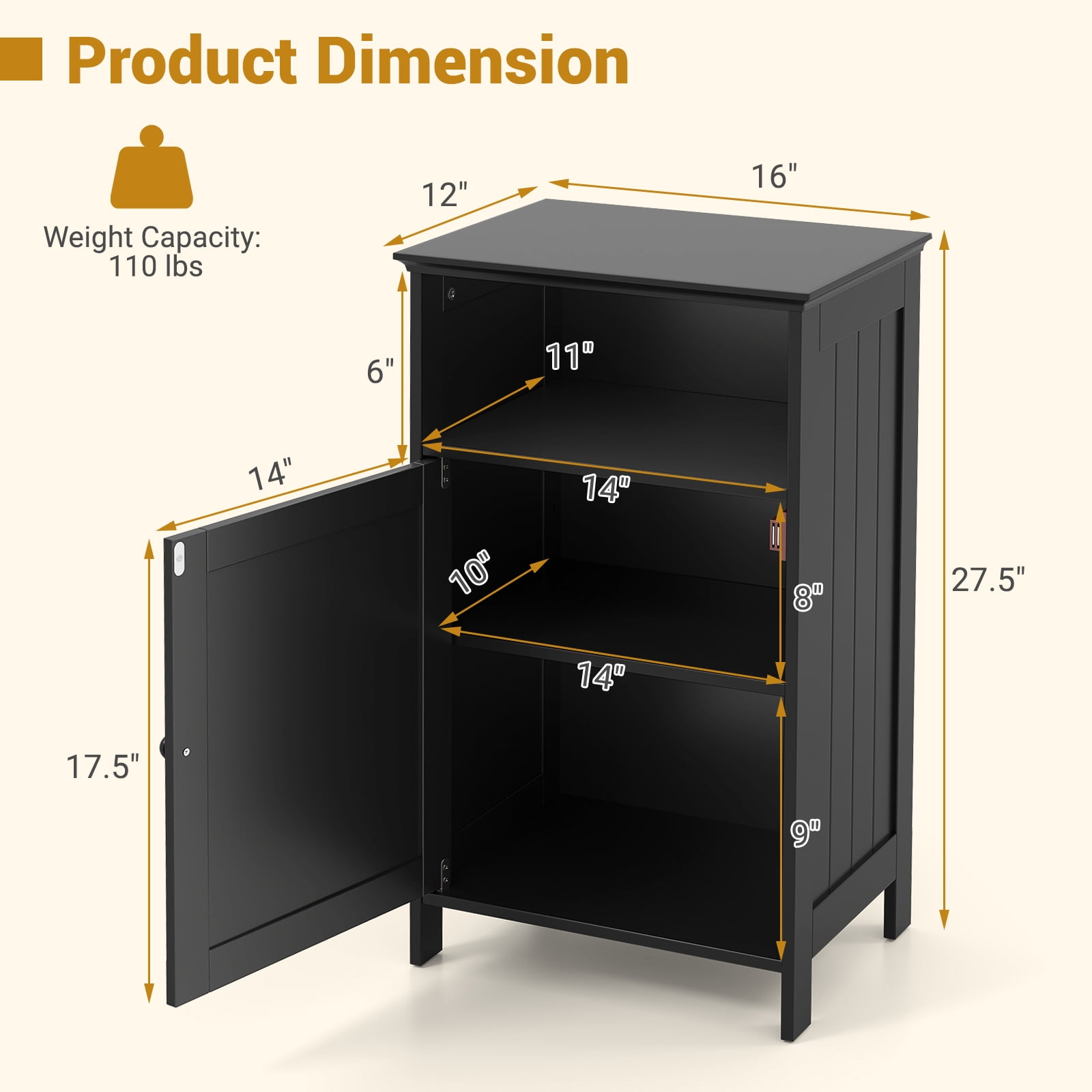 Gymax Bathroom Floor Storage Cabinet Side Table w/ Open Compartment & Adjustable Shelf