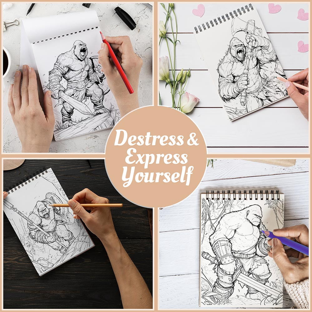 Netecom Gorilla Warrior Coloring Book for Adults, A5 Wooden Cover, 30 Bold and Dynamic Coloring Pages of Mighty Gorilla Warriors for Stress Relief and Relaxation, Spiral Bound Edition