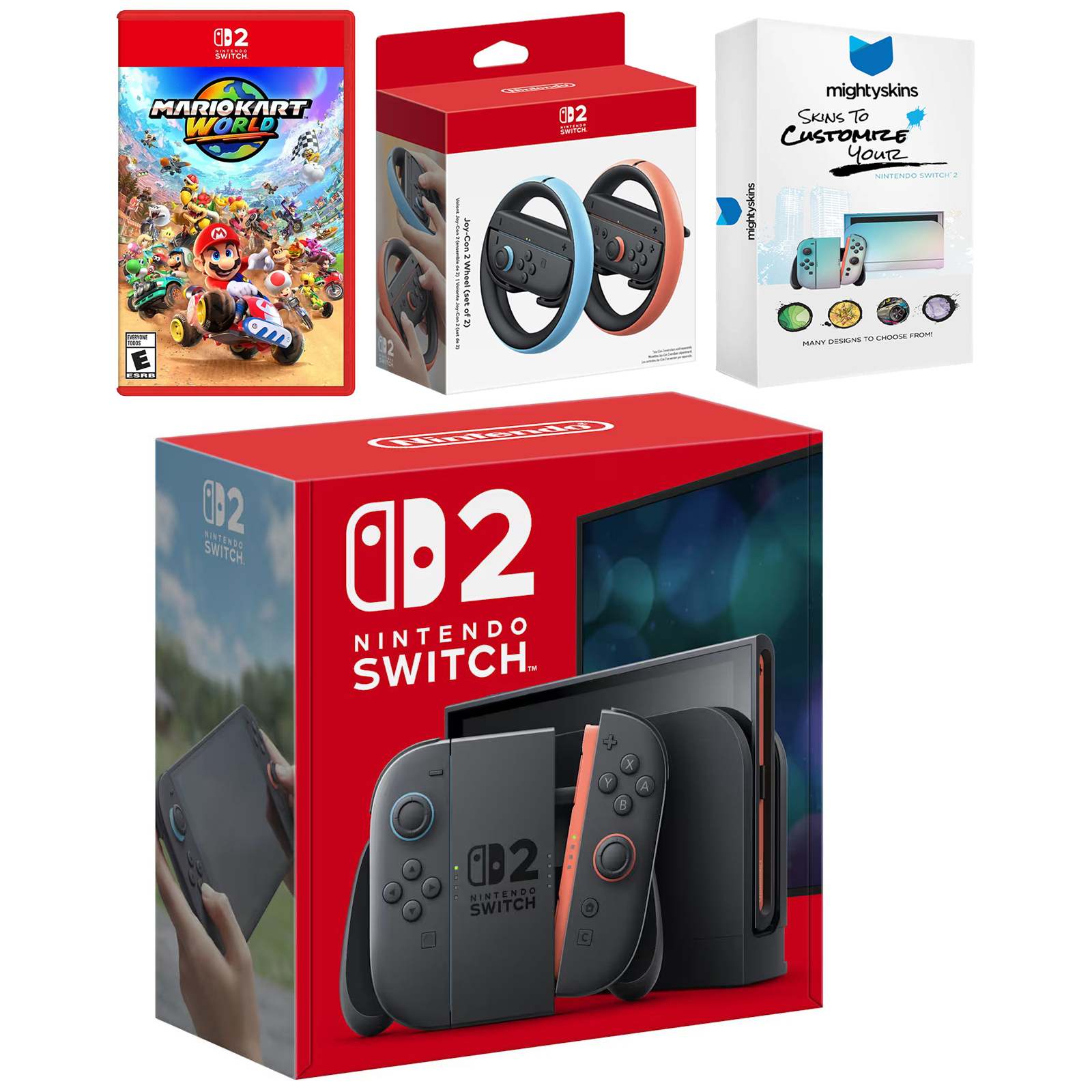 Nintendo Switch 2 Console with Mario Kart World, Joy Con Wheel and MightySkins Code Bundle