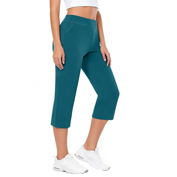 Oiangi Womens Capri Leggings with Pockets Stretchy Workout Yoga Pants Elastic Waist Slim Fit Capris Blue L