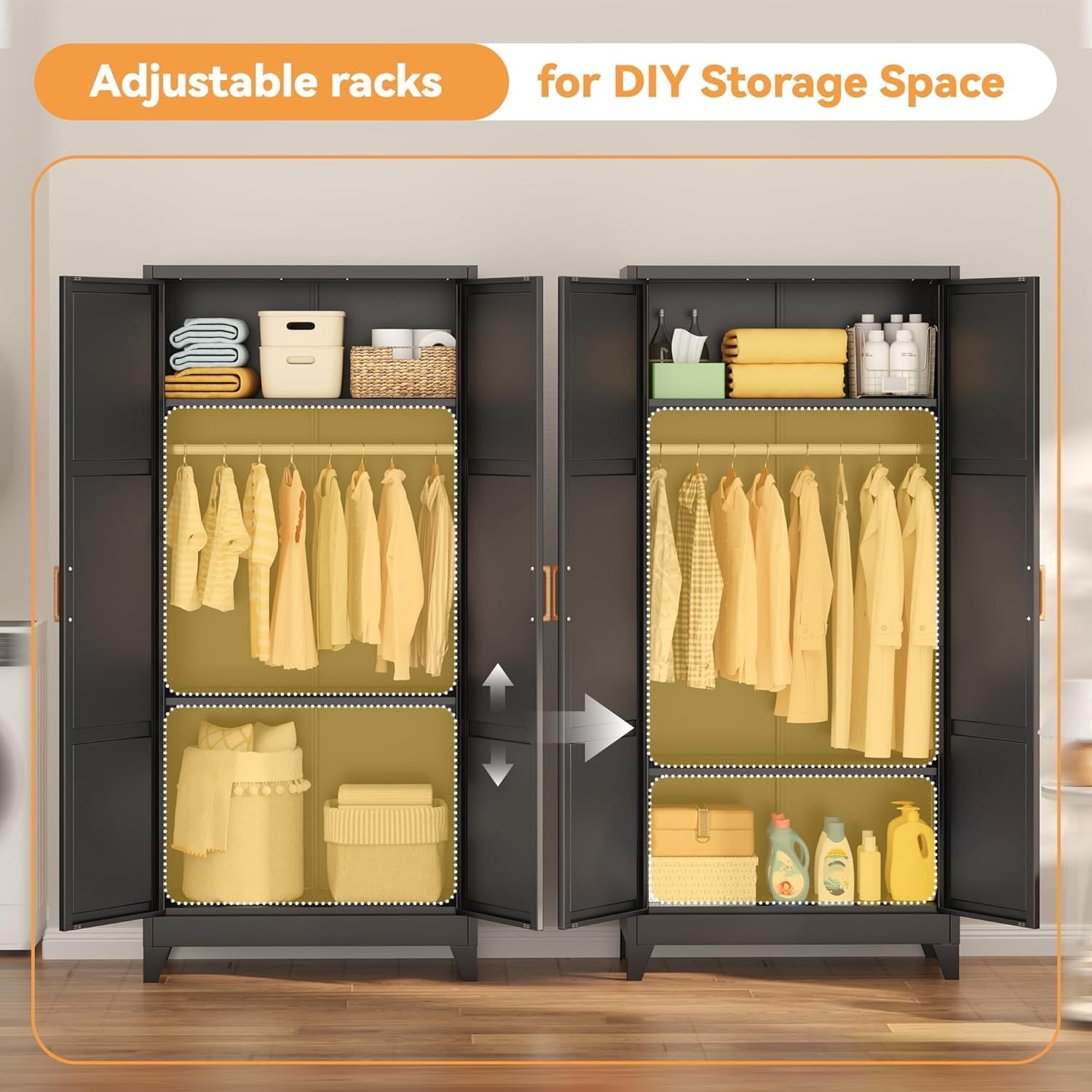 SOLAURA Metal Armoire Wardrobe Closet with Hanging Rod, 71" H Storage Cabinet with Adjustable Shelves, Freestanding Closet Cabinet for Garage, Home, Office (Black)