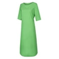 thumbnail image 4 of MSJUHEG Long Sleeve Dress Green Dress Fashion Women Solid Color Cotton And Linen Long Sleeve O-Neck Fold Casual Dress Fall Dress Green L, 4 of 9