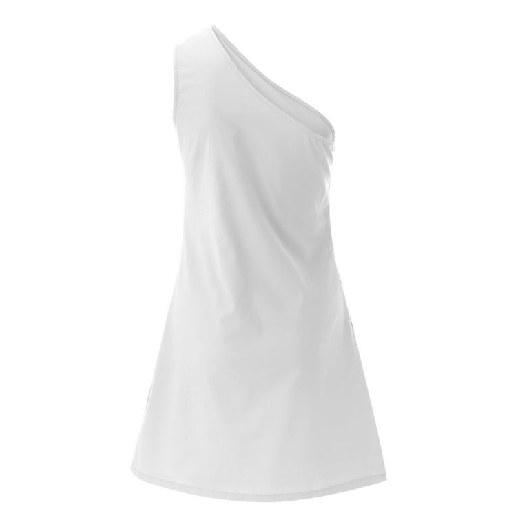 Fsqjgq Womens Dress Female A Line Women's Linen One Shoulder Mini Dress  Summer Casual Sleeveless Dress White Size L - Walmart.com