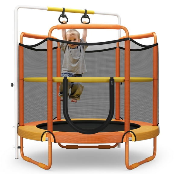 Topbuy 60 Inch Kids Trampoline, 330 LBS 3-in-1 Trampoline w/ Swinging Rings 3-Level Height Adjustable Horizontal Bar Orange
