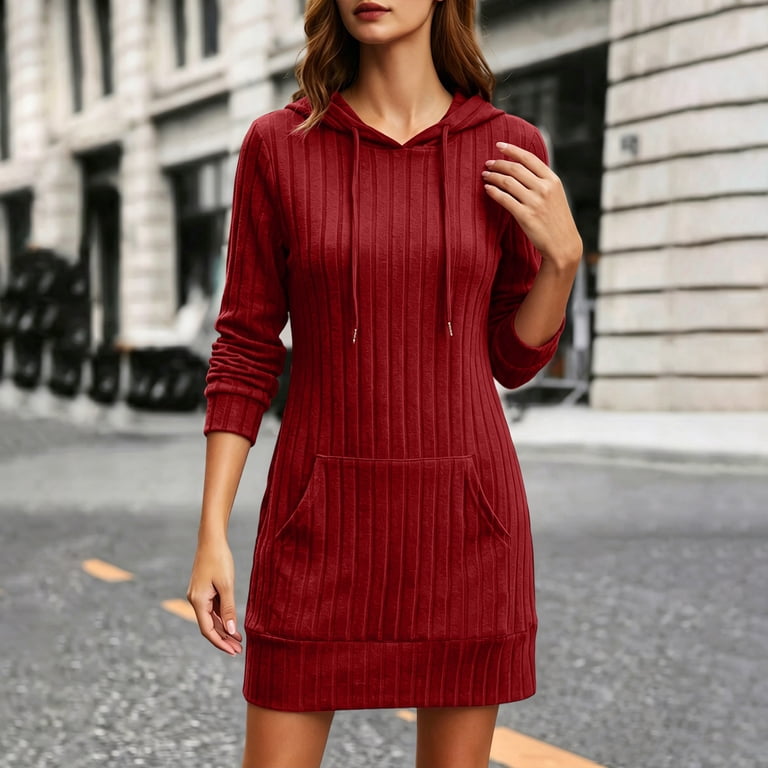 knit hoodie dress WRFWUL Women's Ribbed Casual Long Sleeve Pullover Mini Sweater Dress Solid Color Slim Sweatshirt Dresses with Pockets evening knit dress