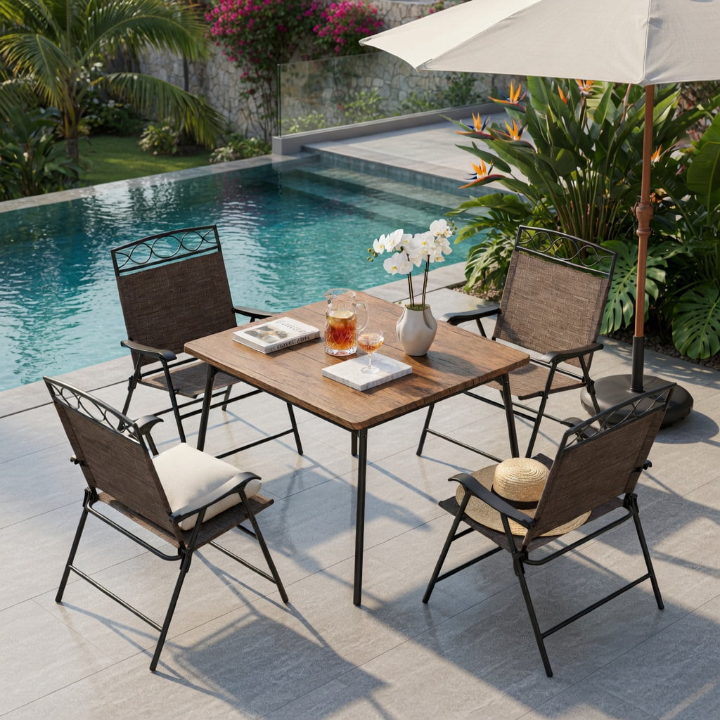 Hommoo 4-Pack Patio Folding Chairs with Armrests, Lightweight Outdoor Dining Chairs, Easy-Store Metal Frame & Breathable Fabric, Brown