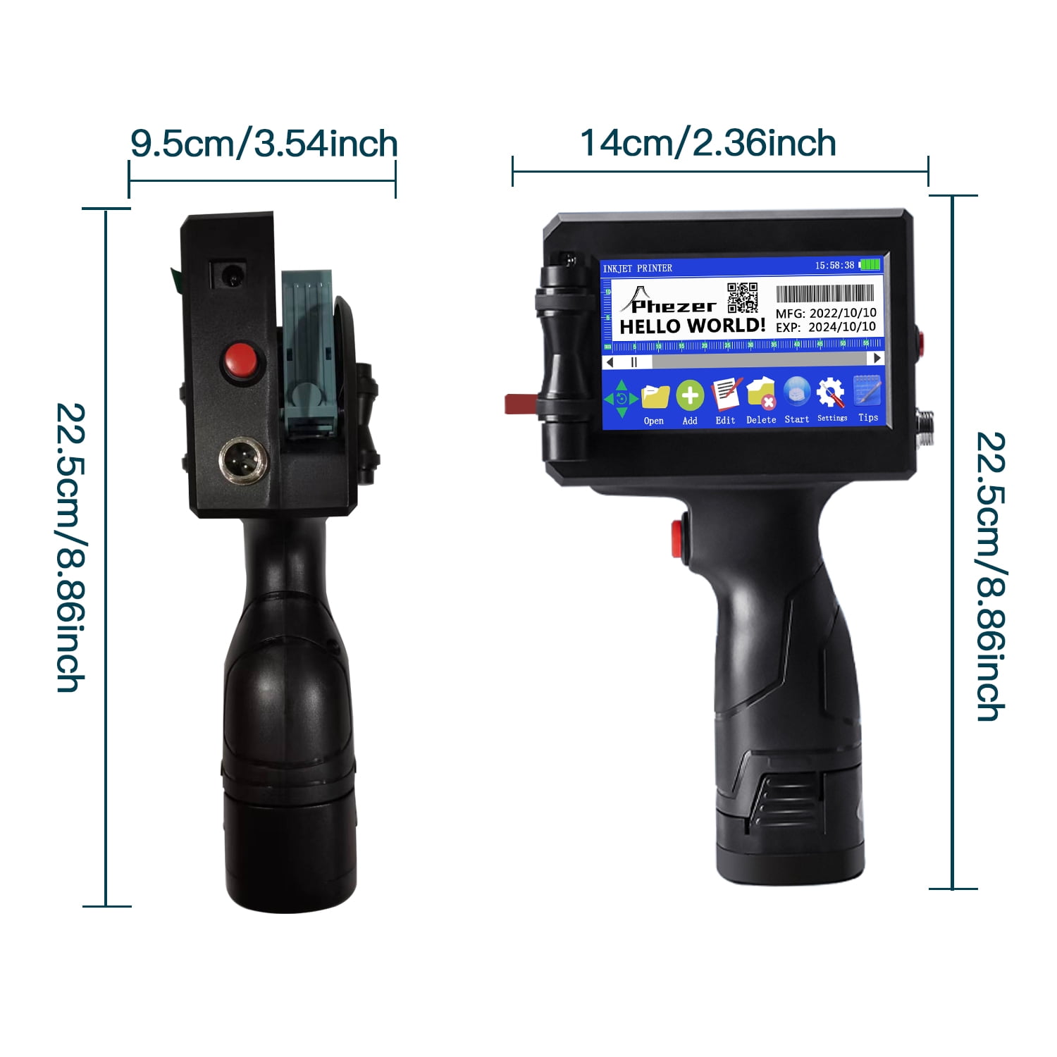 Phezer P15 Handheld Inkjet Printer for Any Surface 0.5 inch Nozzle for QRCode Barcode Production Date Time Logo Batch Number Print on Glass Bag Carton Box Wood Cloth Plastic Cable (1 ink Cartridge)