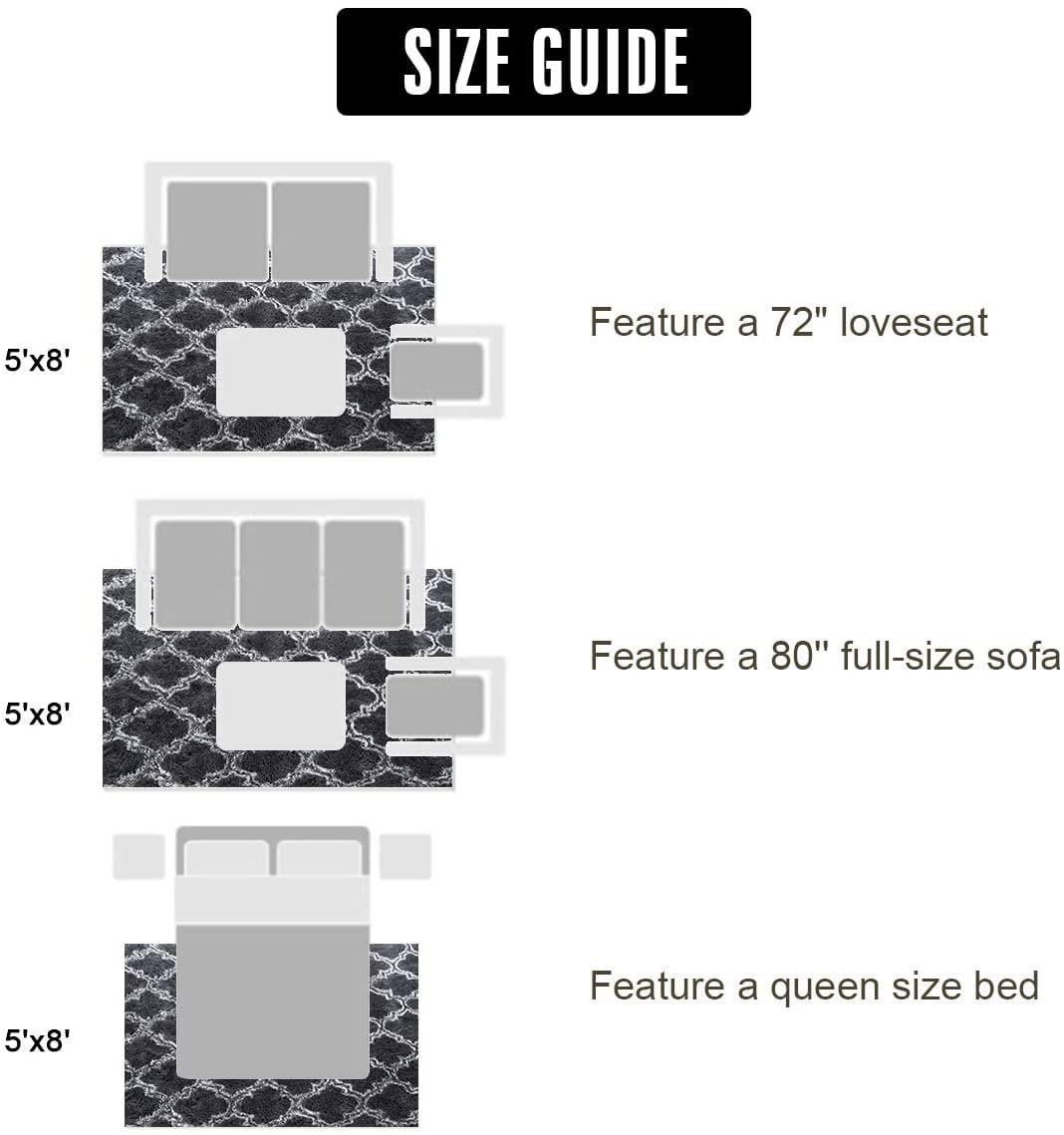 Junovo Shaggy Soft Rugs Bedroom Living Room Flully Carpet Home Decor Rug,5'x7',Dark Gray/White