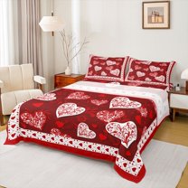 Homewish Cartoon Loves Pattern Full Size Sheets,Happy Valentine Bed Sheets,Retro Damask Print Sheet Sets For Girls Teens,Luxury Bedroom Decor,4 Pieces