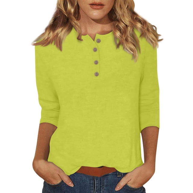 DENGDENG 3/4 Shirts for Women Casual Crew Neck Basic Tees Summer Elbow Button Down Tops Spring Three Quarter Length Pullover Plus Size Dressy Tunic Tops Fluorescent Green S