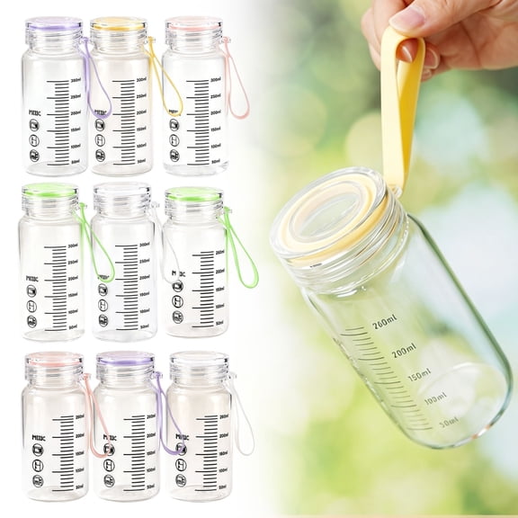 CHENjy Glass Water Bottle with Measurement Scale, Leak Proof Lid, Insulated Sleeve, Borosilicate Glass Travel Coffee Mug for Hot and Cold Drinks, 260 ML