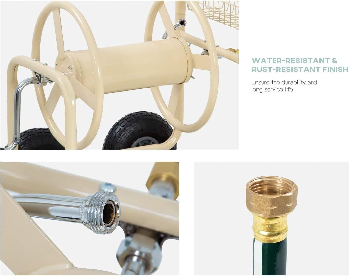 Dkelincs Garden Hose Reel Cart with Wheels 300 Ft of 5/8 in×6Ft Steel Portable Water Hose Reel with Storage Basket, Tan