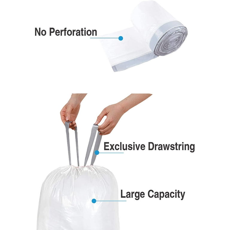 Plasticplace Trash Bags simplehuman (X) Code R Compatible (200 Count) White Drawstring Garbage Liners 2.6 Gallon / 10 Liter 16.5 x 18