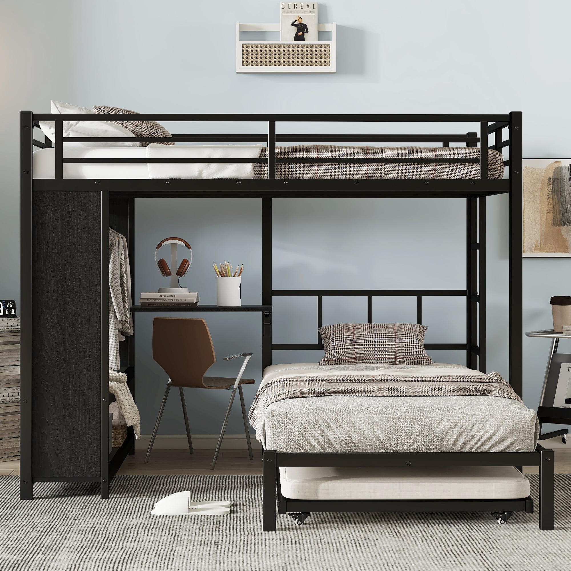 Full over Twin Bunk Bed with Built-in Wardrobe, Metal Bunk Bed with Trundle, Foldable Desk, Ladders, Black