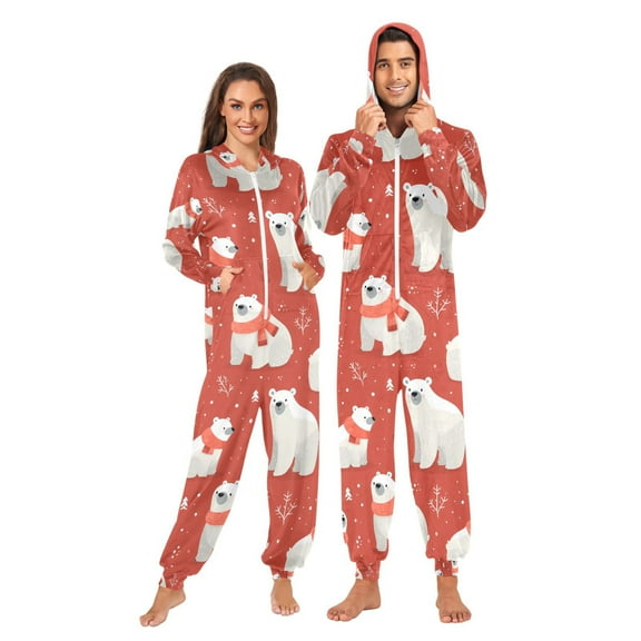 Adult Christmas Onesie Arctic Bear Adult Zipper One-Piece Pajamas Unisex Pajamas with Pockets