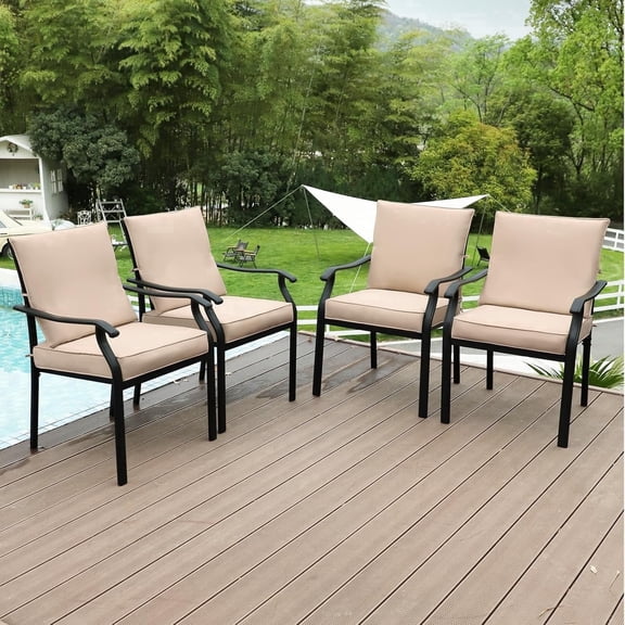 4 Pieces Patio Dining Chairs, Outdoor Metal Chairs with Armrests & Cushion, Metal Frame Stackable Patio Dining Chairs, Wrought Iron Outdoor Chairs for Garden, Balcony, Deck (4 Pieces)