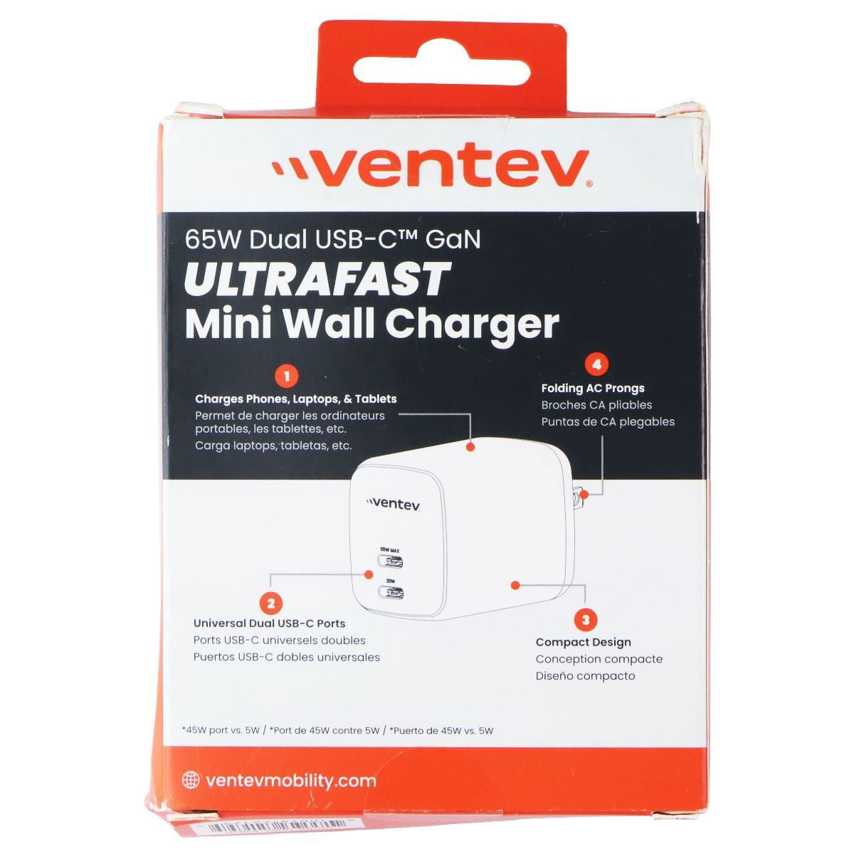 Ventev WC65-HDBX-83820 65W Ultrafast USB C Universal Dual Gan Mini Wall Charger - Gray
