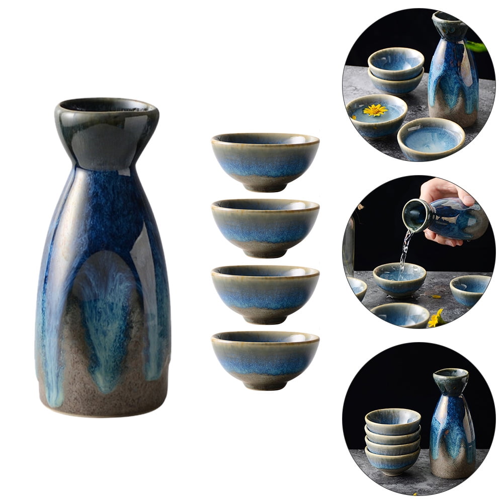 Omeite Japanese sake pot and wine cup set 1 pot and 4 cups (4 small cloth pattern wine glasses + 1 wine pot) - random pattern