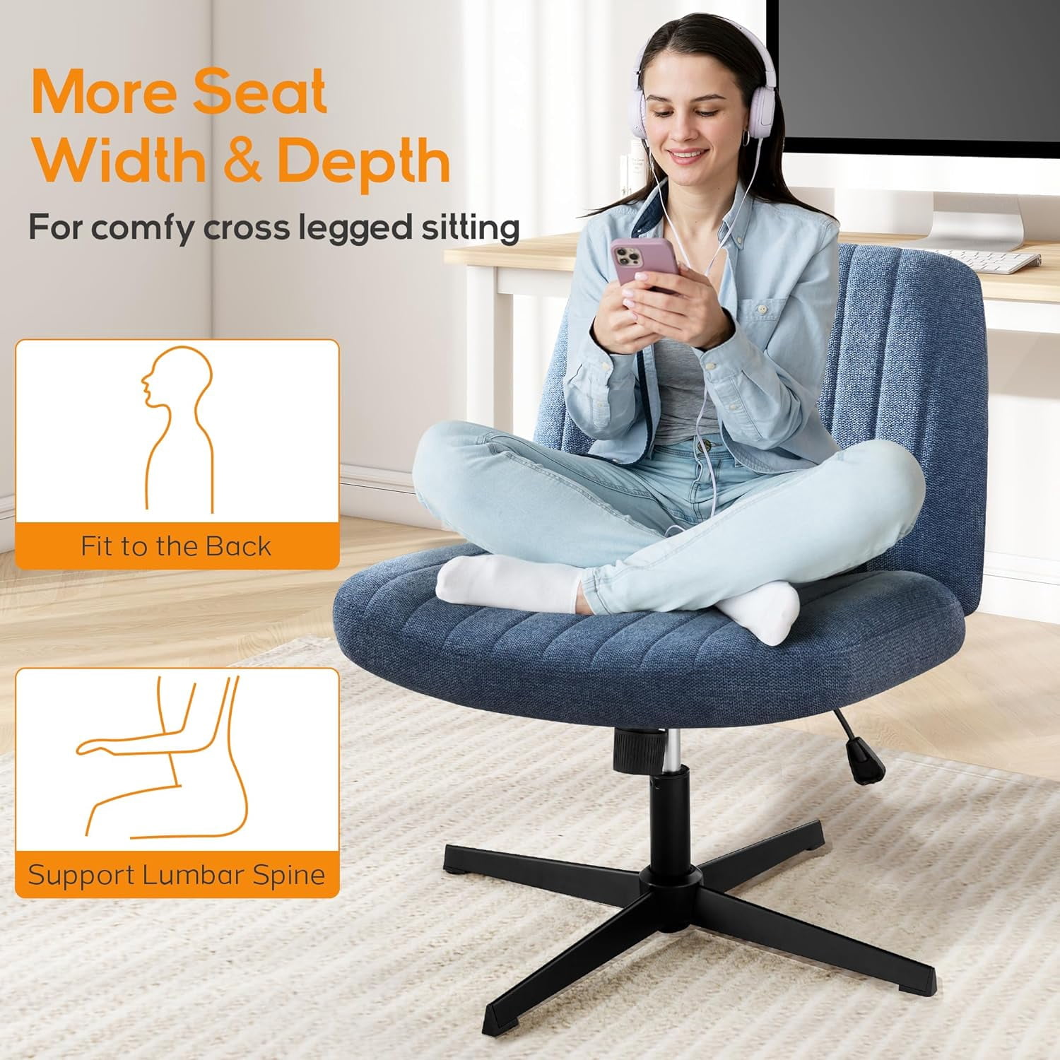 Criss Cross Chair, Cross Legged Office Chair, Wide Comfty Desk Chair, No Wheels Armless Computer Task Chair, Swivel Fabric Vanity Home Chair, Height Adjustable