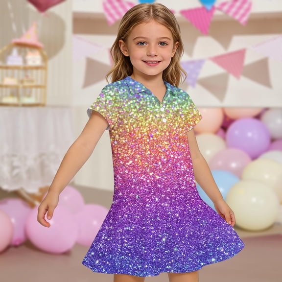 CCRFTGI Polo Dresses for Kids Girls Size 7-8 Back To School Short Sleeve Uniform Cute Sequins Print Pleated Flare Skater Polo Dresses Summer Button Collared Pique Polo Dress Purple 5-6 Years