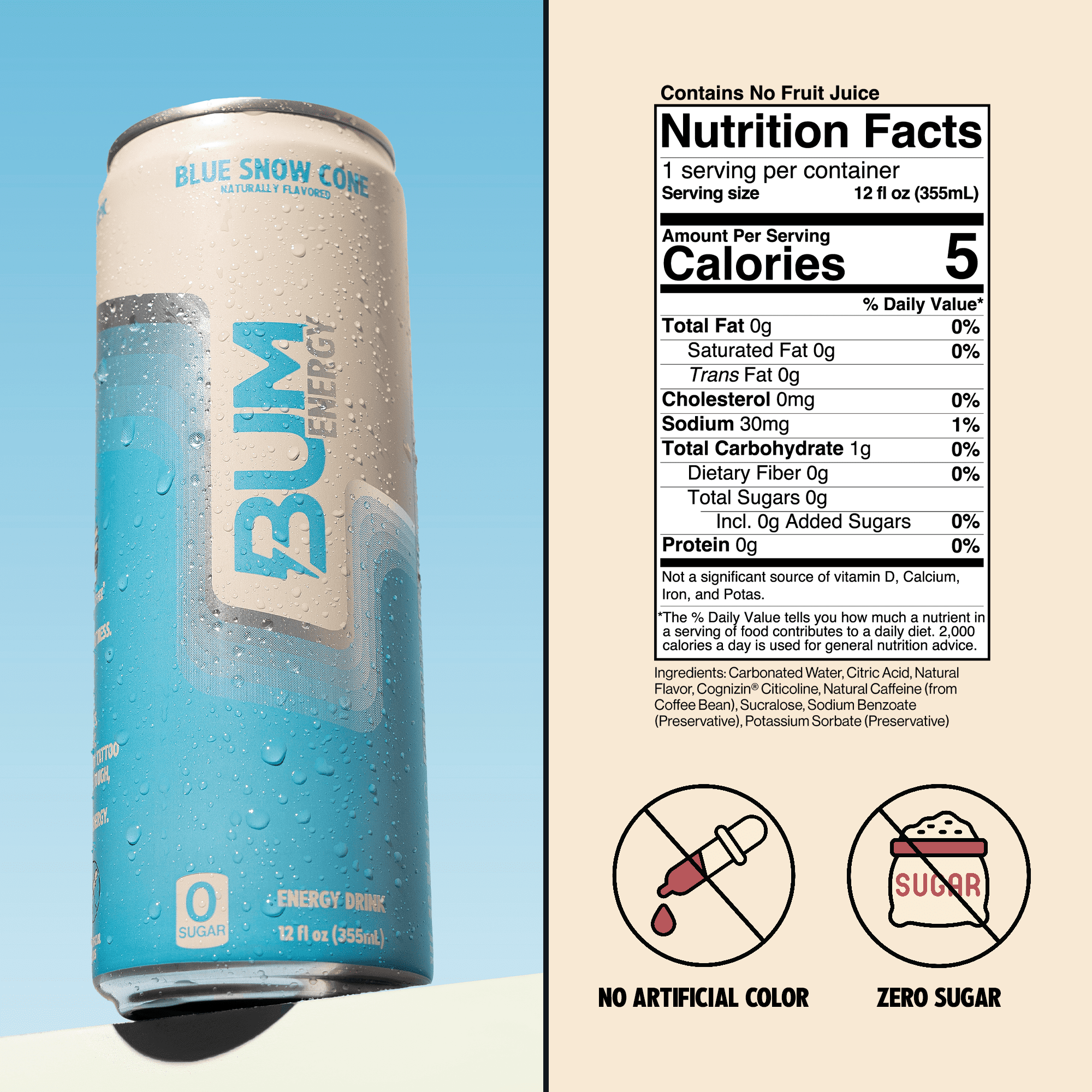 Bum Energy Blue Snow Cone Energy Drink, 112 mg Natural Caffeine, 12 fl oz, 12 Pack