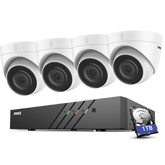 ANNKE 5MP H.265  Super HD Poe Network Video Security System 4pcs Waterproof Outdoor Poe IP Cameras White Dome PoE Camera Kit with 1T Hard Drive