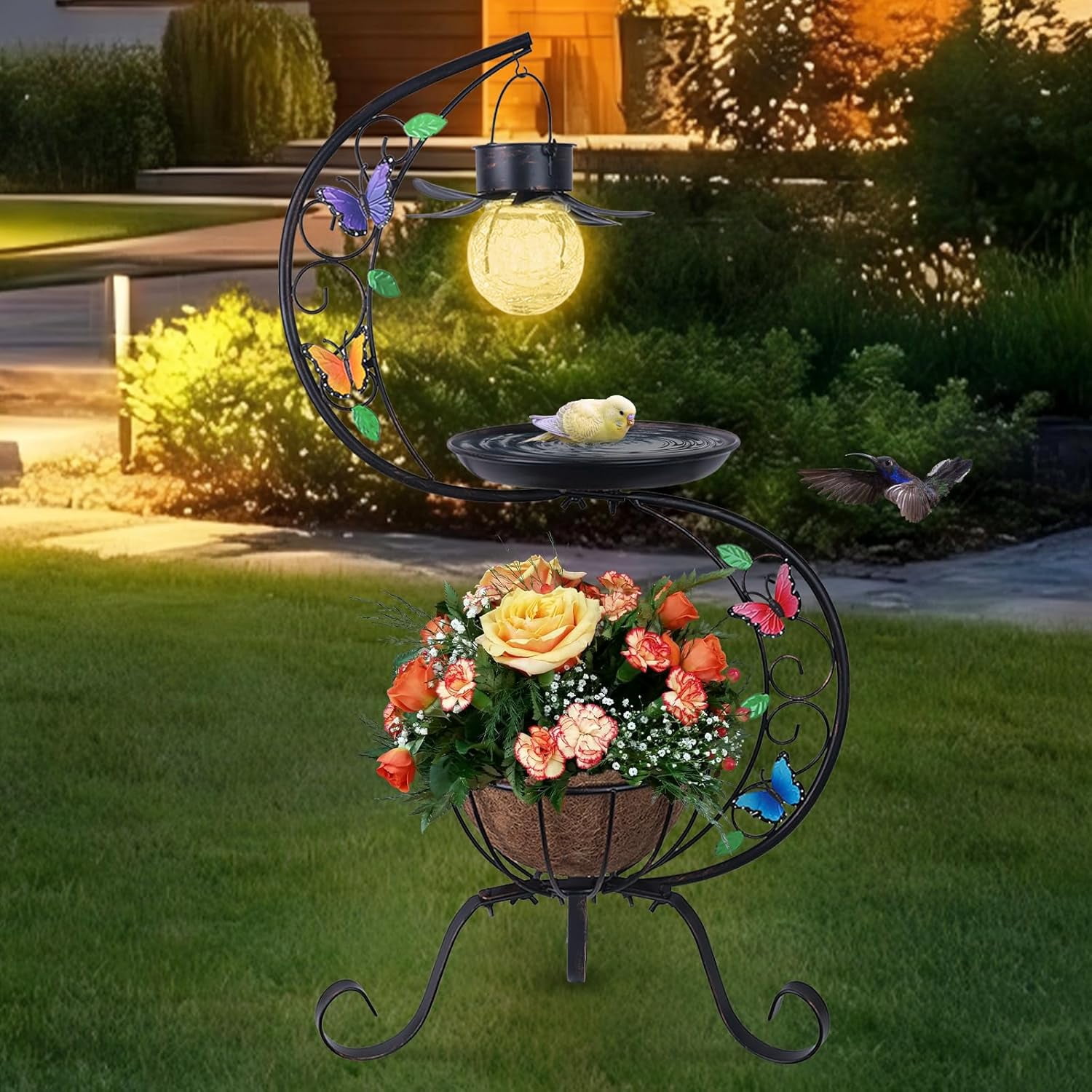 Bird Bath for Outside with Solar Lamp, Metal Birdbaths for Outdoors with Flower Planter Pedestal, Vintage Birdbath for Garden Yard Patio Lawn Decor