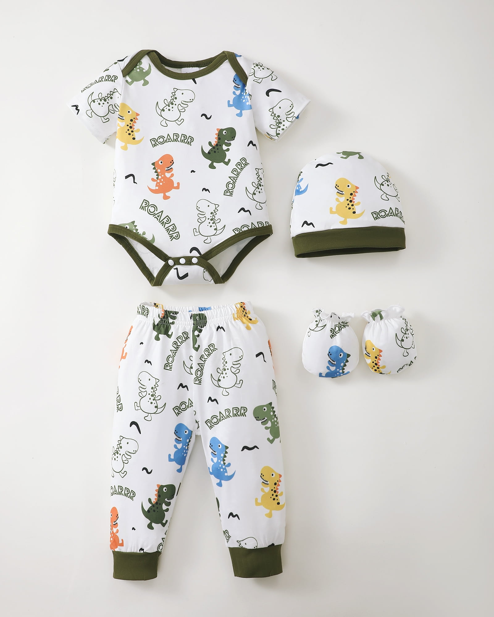 KIMI BEAR Newborn Baby Boys Layette Essentials Romper Pants Gift Sets 4 Packs Short Sleeves Dinosaur Print Bodysuit Tops Pants Set with Hats and Gloves 16pcs Outfits Green NB