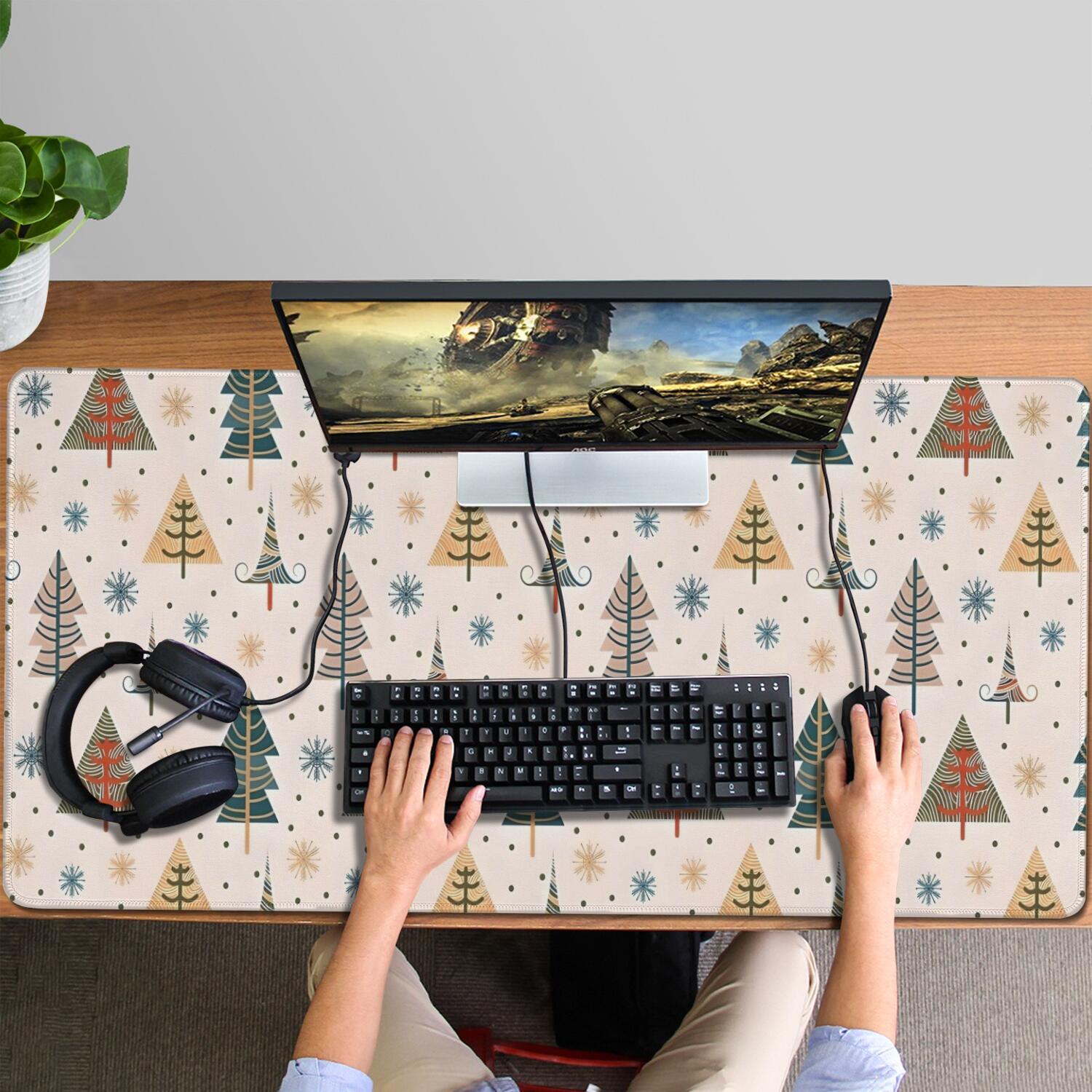 Long Mouse Pads for Desk,Multicolor Christmas Tree Pattern Desk Mats on Top Of Desks, Desk Mouse Pad Extra Large with 3mm Non-Slip Base and Stitched Edge for Gaming,Office,Work,Home 47.3x23.6in