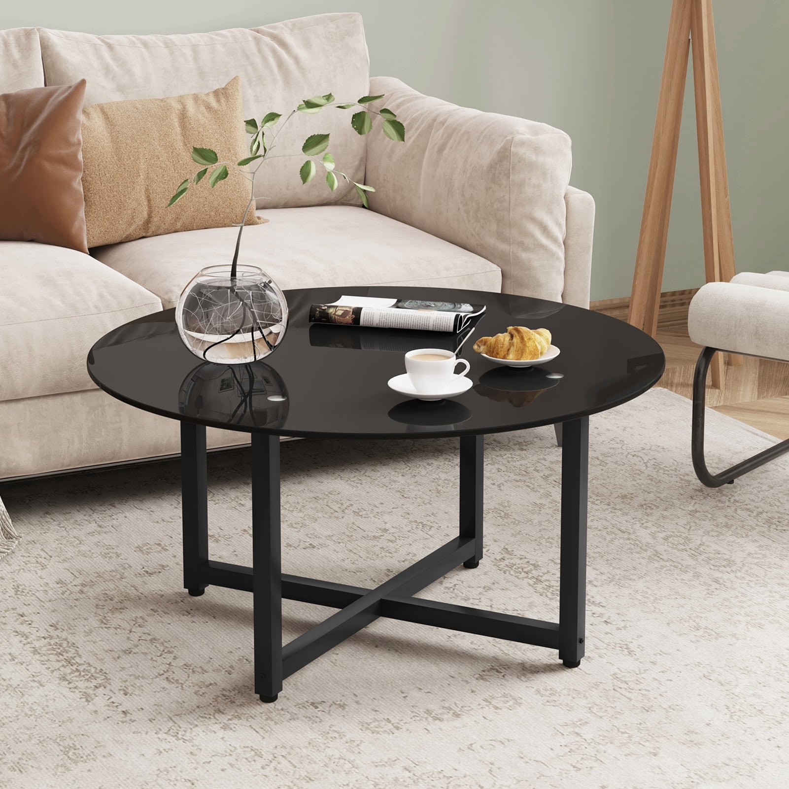 Resenkos 35.5" Modern Black Glass Round Coffee Table, Metal Frame Cocktail Table for Living Room