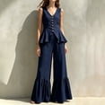 thumbnail image 2 of Womens Casual Two Piece Outfit V Neck Sleeveless Button Peplum Top High Waist Ruffle Hem Wide Leg Pants Solid Color Elegant Set Navy XXL(XXL), 2 of 7