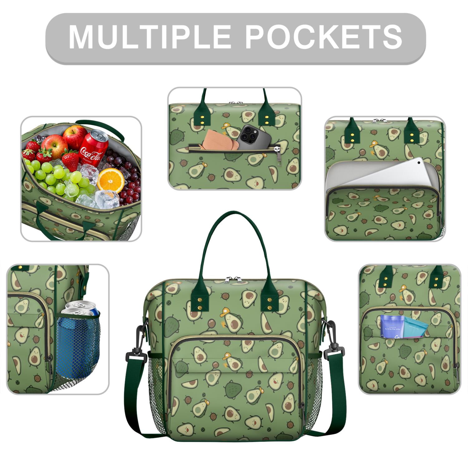 Cute Avocado Print Insulated Lunch Bag - Spacious Thermal Tote with Reinforced Handles, Leakproof Picnic & Travel Cooler for Healthy Food Lovers, Modern Fruit Illustration