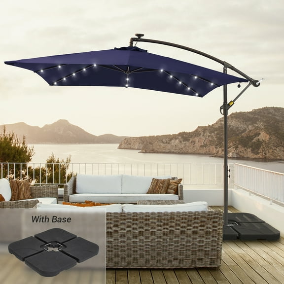 CHYVARY 8.2 x 8.2ft LED Outdoor Offset Umbrella W/Base, Patio Cantilever Outside Hanging Umbrellas,Navy Blue