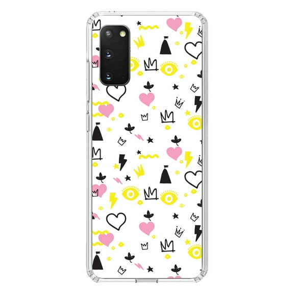 DistinctInk Clear Shockproof Hybrid Case for Galaxy S20 PLUS / 5G (6.7" Screen) - TPU Bumper, Acrylic Back, Tempered Glass Screen Protector - Girl Power - Crown Hearts Castle Pink Yellow