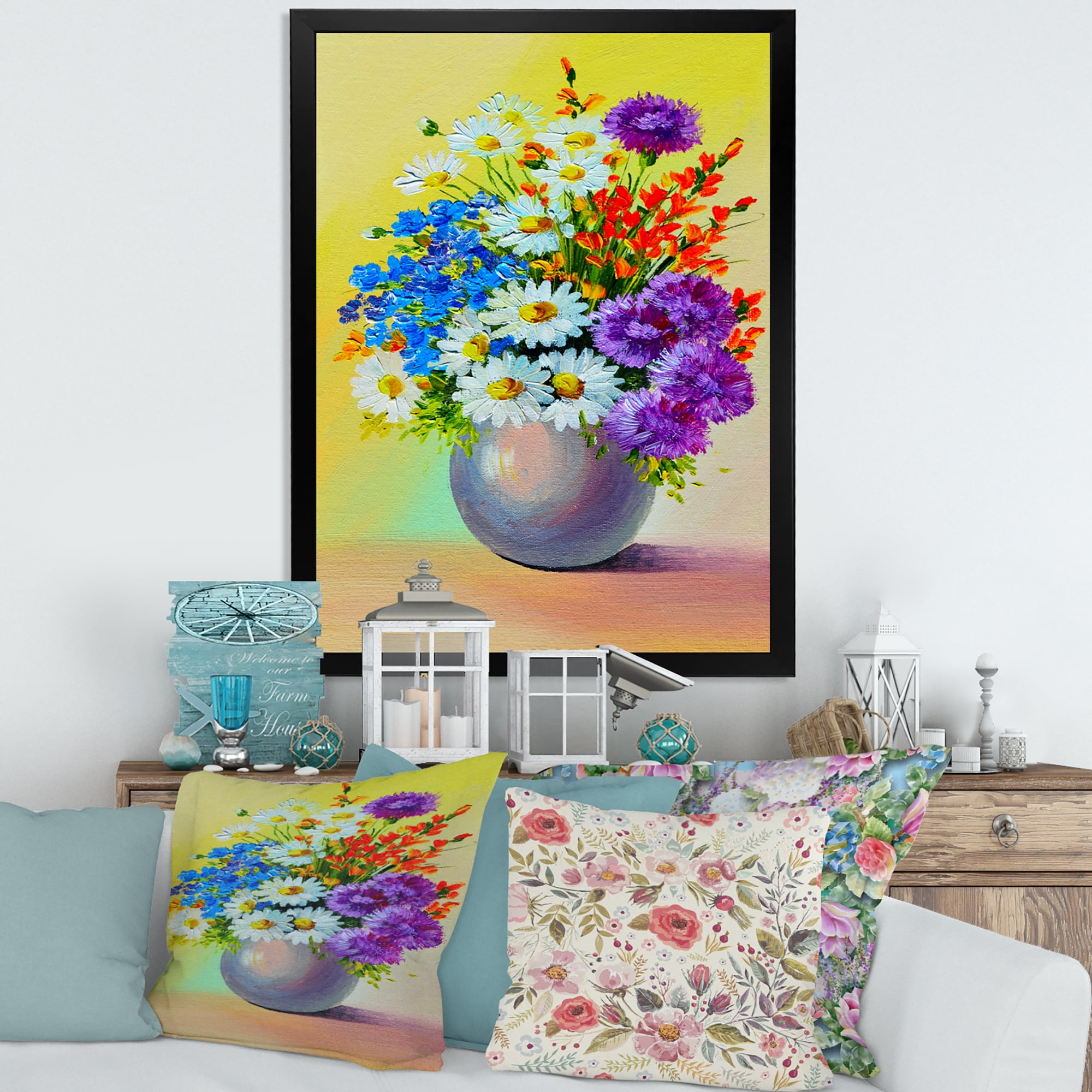 Designart 'Still Life A Bouquet Of Red Blue & White Flowers' Traditional Framed Art Print